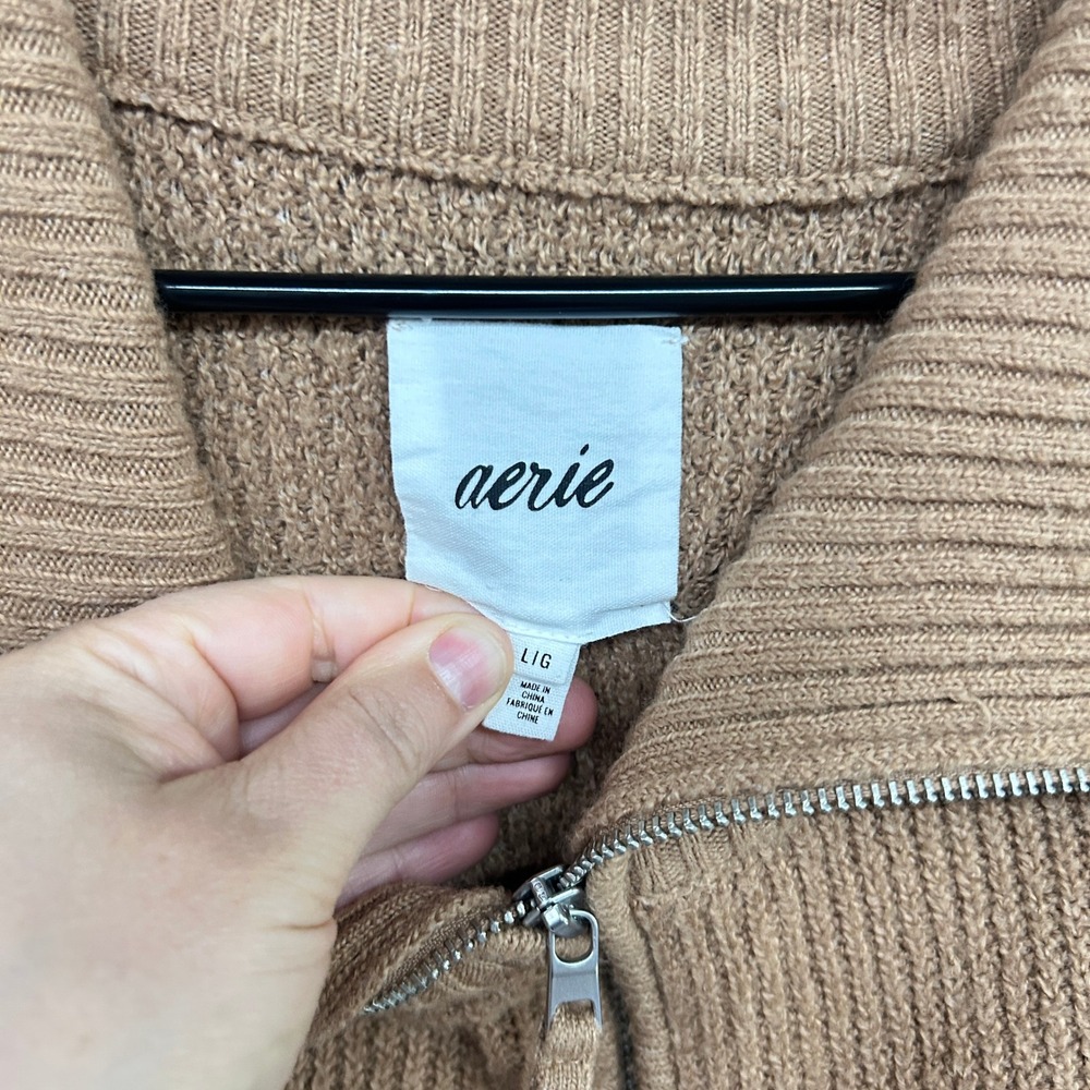 Aerie Oversized Quarter Zip Sweater L Camel Waffle Knit Coastal Old Money - Picture 3 of 12